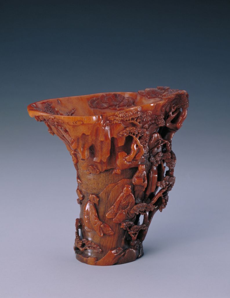 图片[1]-Rhinoceros horn carved crane deer Tongchun cup-China Archive